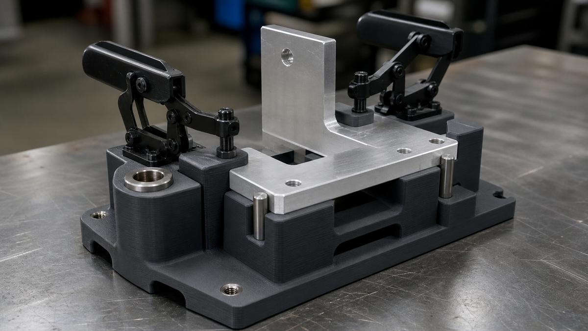 3D-printed fixture holding an aluminum bracket with toggle clamps, locating pins, and a steel drill bushing