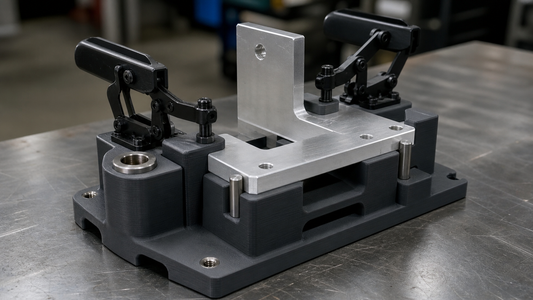 3D-printed fixture holding an aluminum bracket with toggle clamps, locating pins, and a steel drill bushing