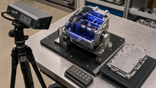Gearbox assembly in a fixture with removed cover, retained fasteners, targets, and structured-light scanner