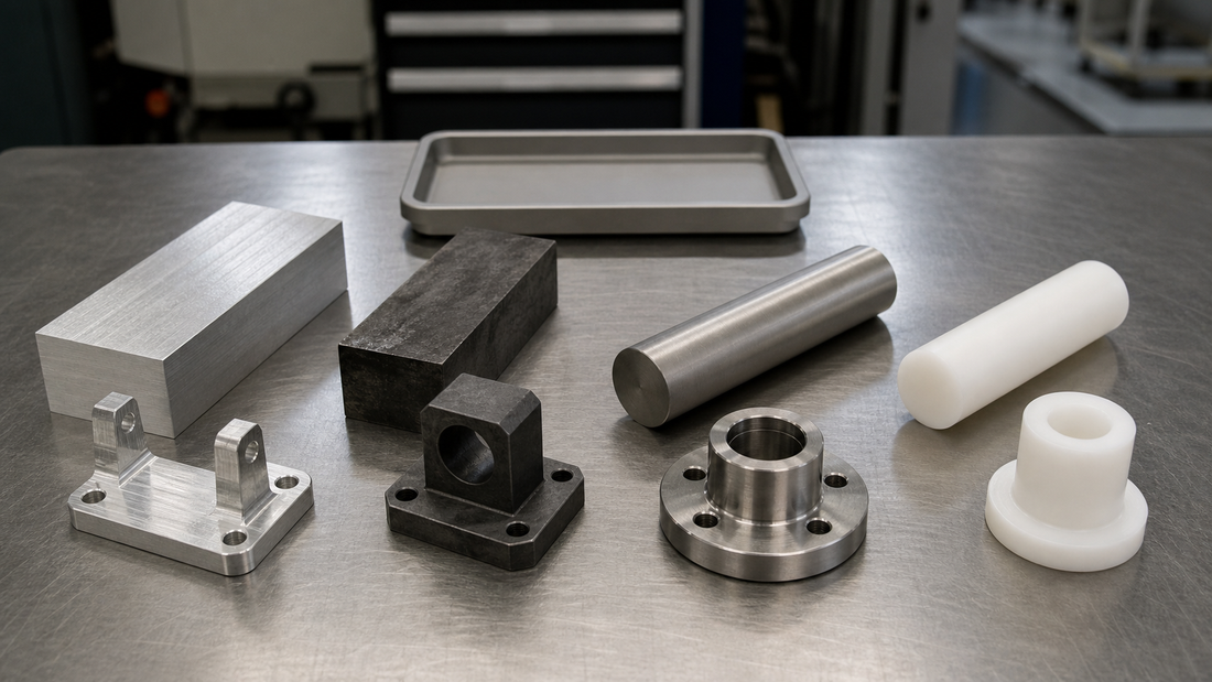 Aluminum, carbon steel, stainless steel, and POM raw stock shown beside plausible CNC-machined parts.