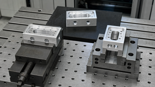 Matching aluminum manifold blocks shown in distinct controlled workholding setups with a finished reference part.