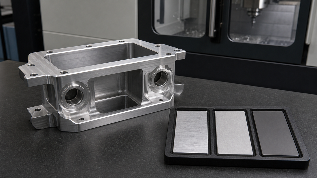 Machined aluminum enclosure and three surface-finish comparison coupons