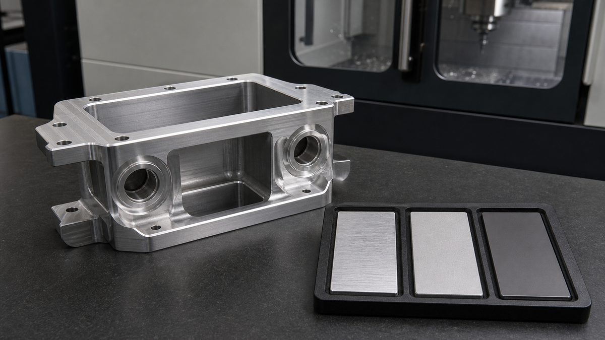 Machined aluminum enclosure and three surface-finish comparison coupons