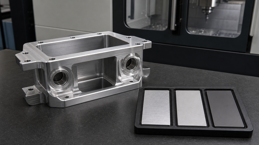 Machined aluminum enclosure and three surface-finish comparison coupons