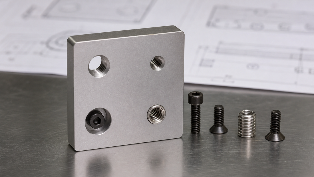 Machined aluminum plate showing through, blind, counterbored and insert-thread hole conditions