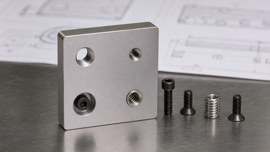 Machined aluminum plate showing through, blind, counterbored and insert-thread hole conditions