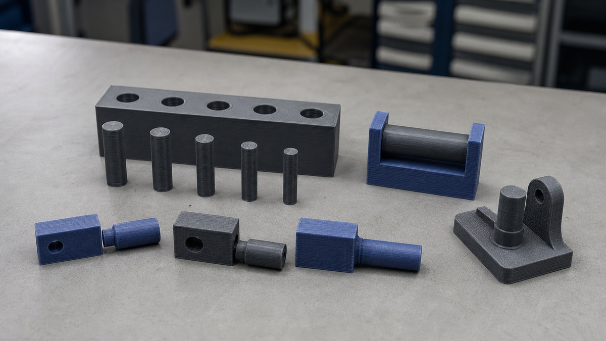 3D-printed fit specimens with pins, bores, sliding guide and locating fixture