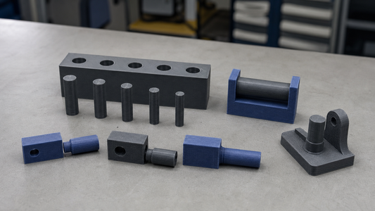 3D-printed fit specimens with pins, bores, sliding guide and locating fixture