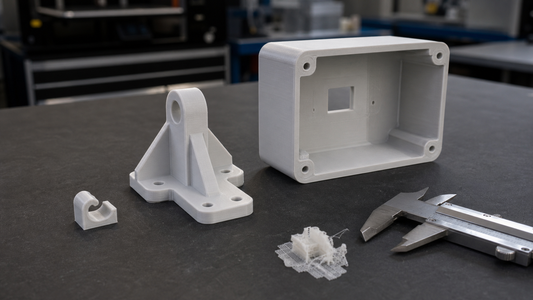 Three unbranded 3D printed functional parts of different sizes on a workshop bench with a caliper