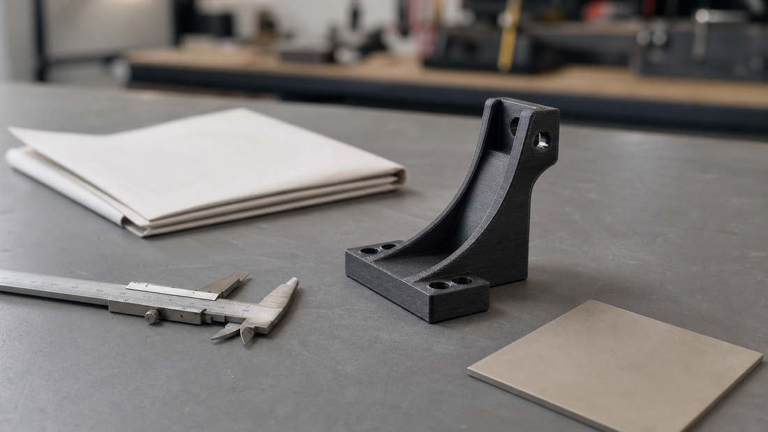 Functional FDM printed bracket beside a caliper and engineering quote materials on a workshop bench