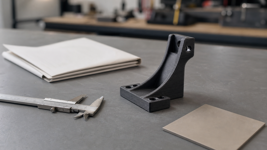 Functional FDM printed bracket beside a caliper and engineering quote materials on a workshop bench