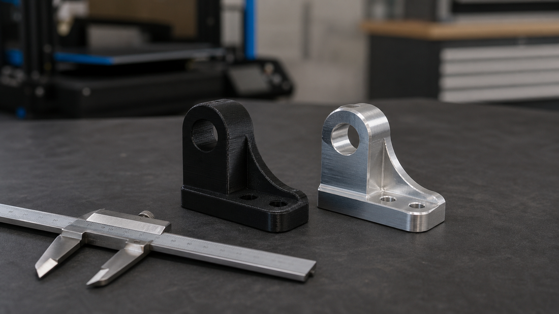 FDM printed and machined aluminum versions of a functional bracket beside a caliper
