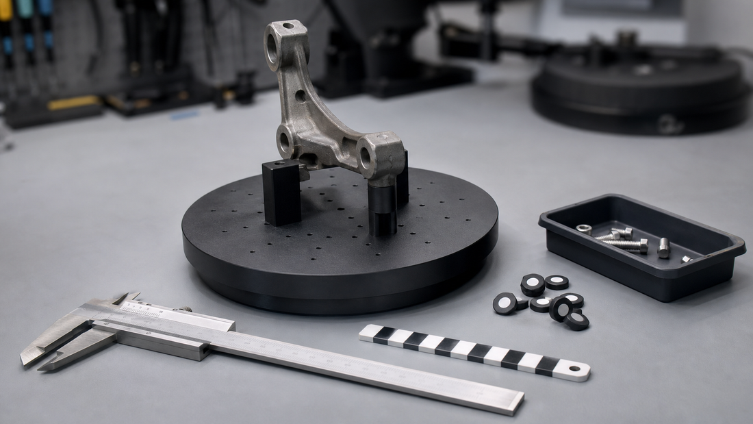 Mechanical bracket supported on a turntable with caliper, scale reference, markers and hardware tray