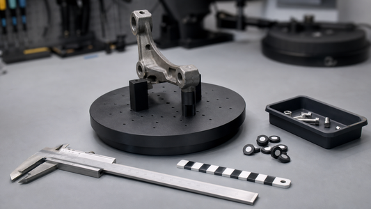 Mechanical bracket supported on a turntable with caliper, scale reference, markers and hardware tray