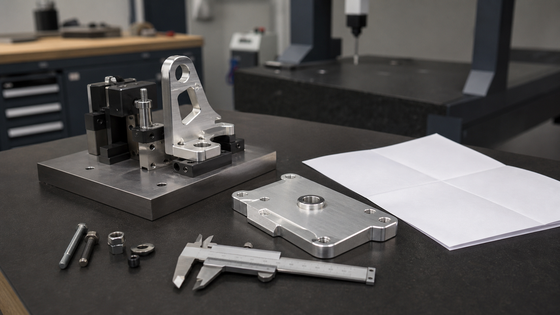 Machined parts, mating plate, inspection fixture, caliper, fasteners and blank drawing on a review bench