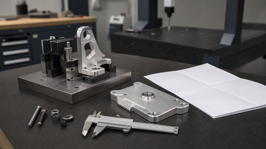 Machined parts, mating plate, inspection fixture, caliper, fasteners and blank drawing on a review bench