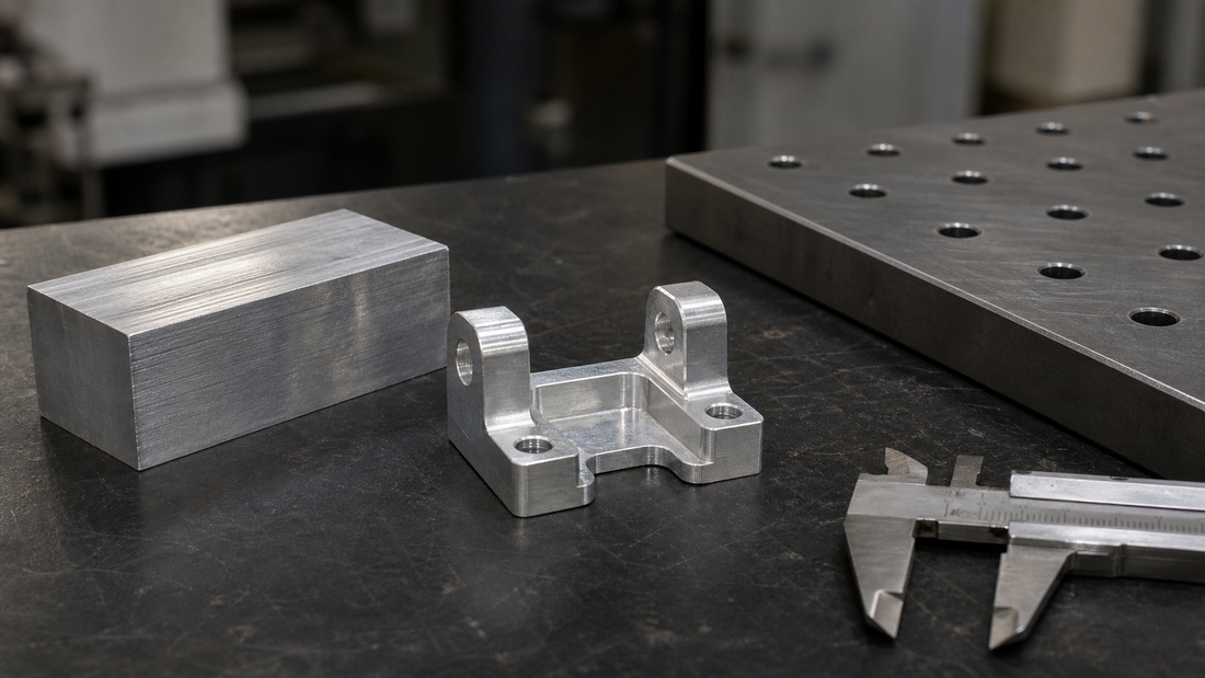 Machined aluminum bracket beside raw aluminum stock, caliper and fixture plate