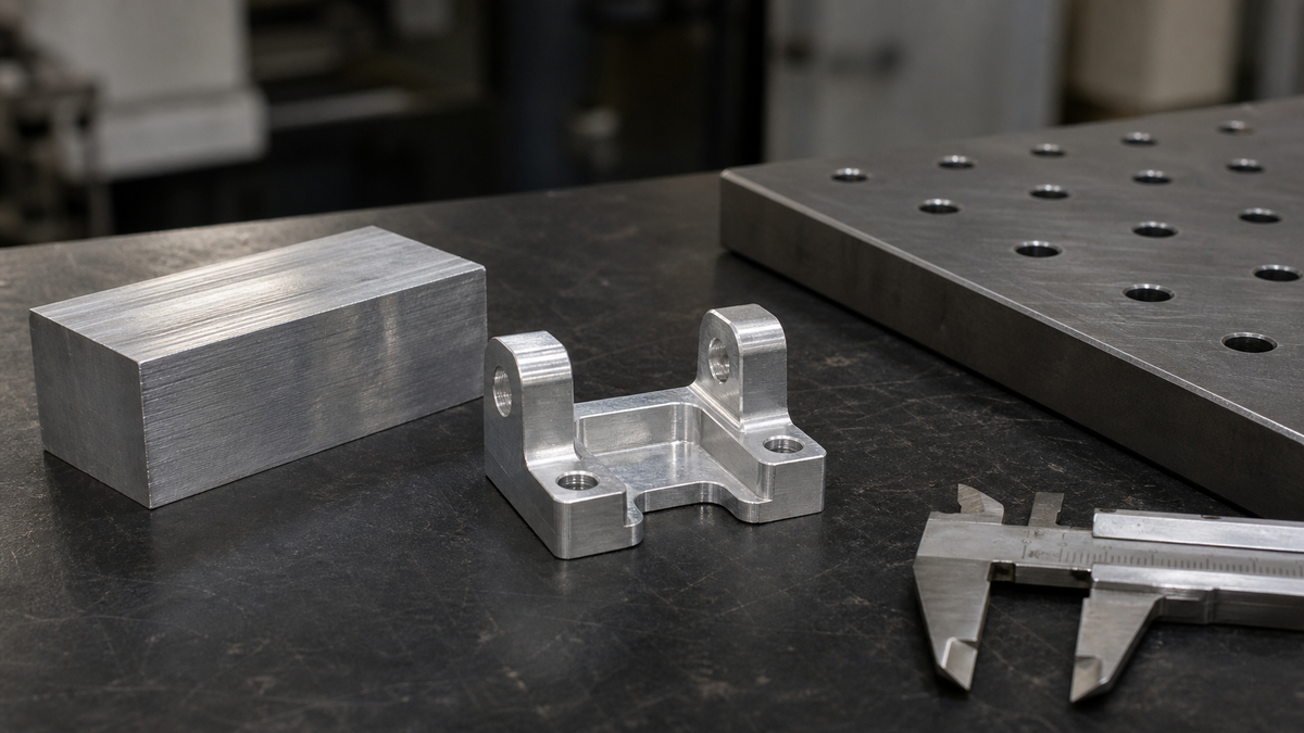 Machined aluminum bracket beside raw aluminum stock, caliper and fixture plate
