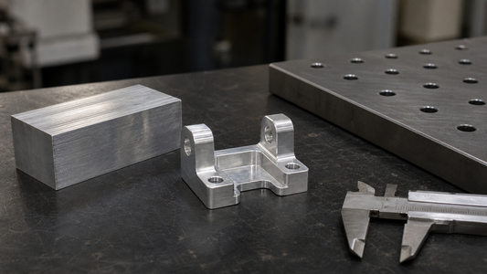 Machined aluminum bracket beside raw aluminum stock, caliper and fixture plate