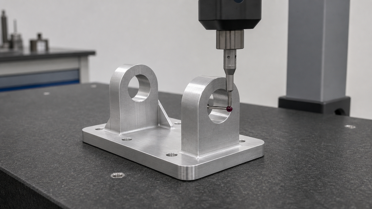 Machined mounting bracket inspected with a tactile probe inside a through-hole on a granite surface plate