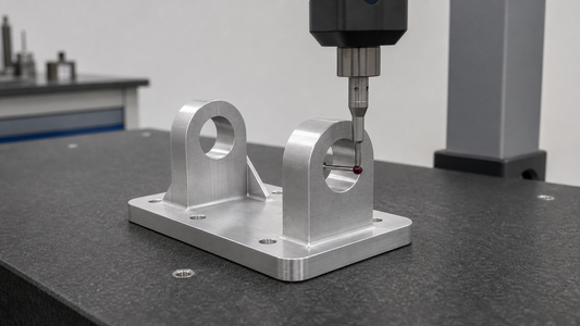 Machined mounting bracket inspected with a tactile probe inside a through-hole on a granite surface plate