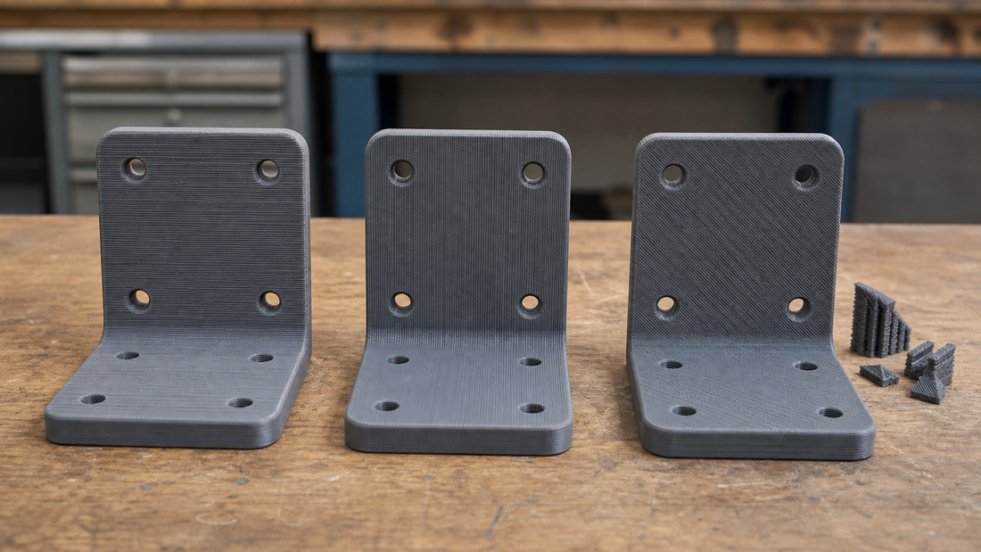 Three identical FDM brackets showing horizontal, vertical and diagonal layer directions