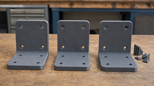 Three identical FDM brackets showing horizontal, vertical and diagonal layer directions