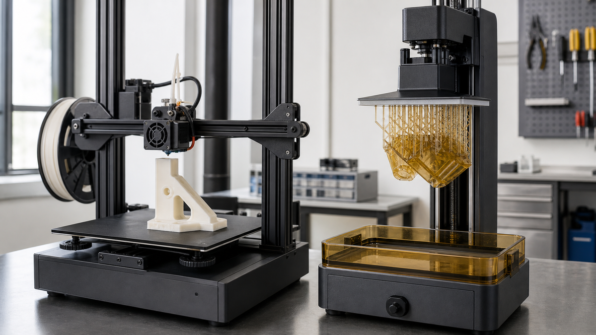 FDM filament printer and inverted vat-photopolymer DLP printer in a prototyping lab