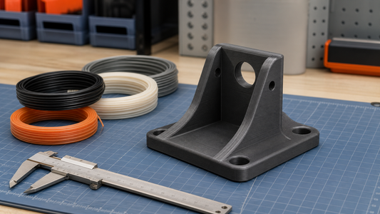 Functional FDM printed bracket beside neutral filament samples and a caliper on an engineering workbench