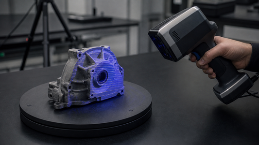 Unbranded structured-light scanner capturing a mechanical housing on a turntable