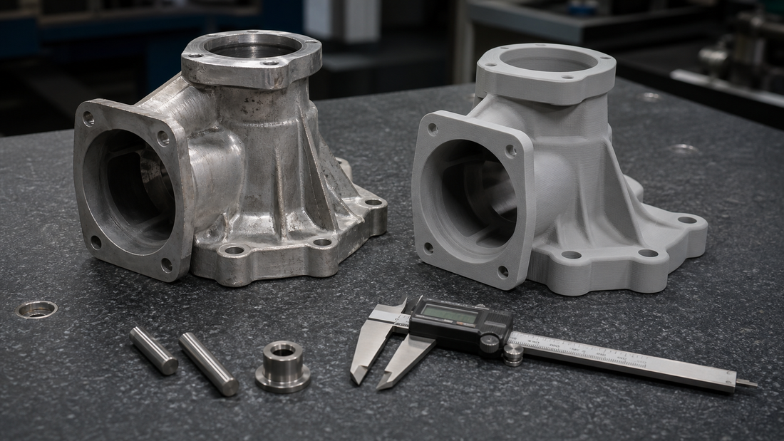 Cast aluminum housing beside a 3D printed reference copy and inspection tools