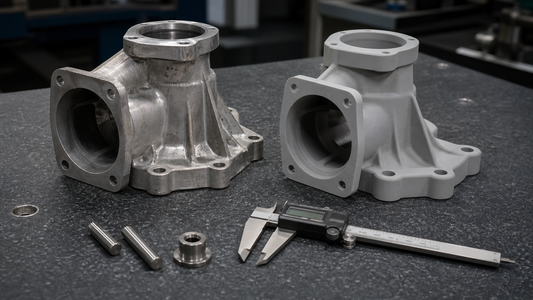 Cast aluminum housing beside a 3D printed reference copy and inspection tools
