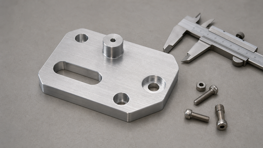 Machined aluminum bracket, blank drawing sheet, reference mockup, caliper, pins and fasteners on a CNC review bench