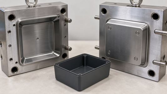 Open injection mold core and cavity beside a drafted molded enclosure