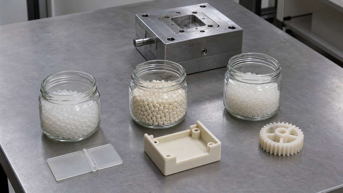 Three pellet samples shown with a hinge coupon, enclosure sample, gear, and closed test mold.