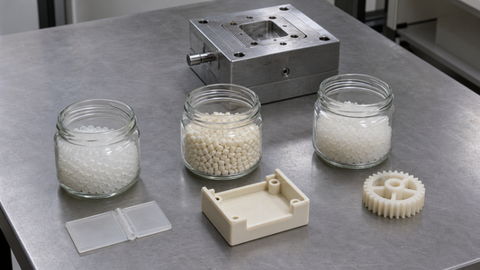 Three pellet samples shown with a hinge coupon, enclosure sample, gear, and closed test mold.