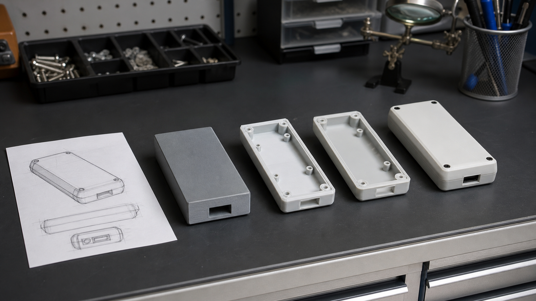 Product development workbench showing sketch, enclosure revisions, and assembled functional prototype