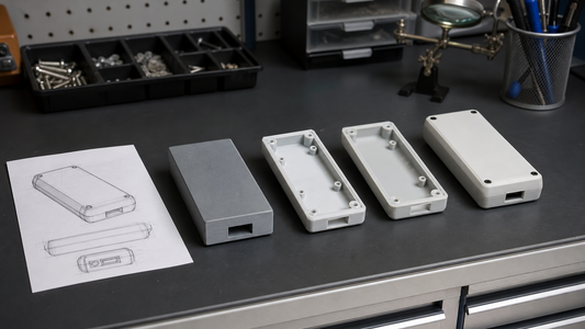 Product development workbench showing sketch, enclosure revisions, and assembled functional prototype