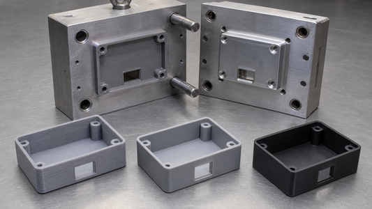 Three development versions of one enclosure shown with an opened aluminum injection mold.