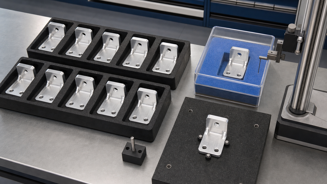 A small batch of machined aluminum brackets arranged for quality inspection after prototype approval.