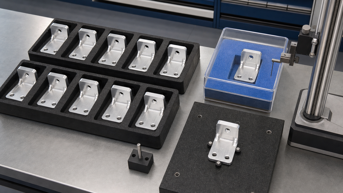 A small batch of machined aluminum brackets arranged for quality inspection after prototype approval.