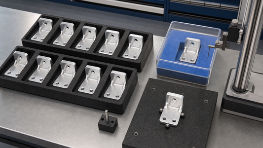 A small batch of machined aluminum brackets arranged for quality inspection after prototype approval.