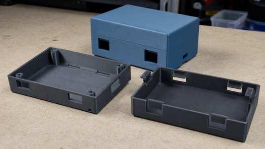 3D-printed snap-fit enclosure halves with hooks, windows and assembled sample