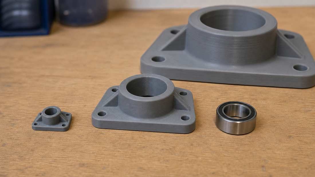 Identical STL-derived flanges at different physical scales beside the intended bearing