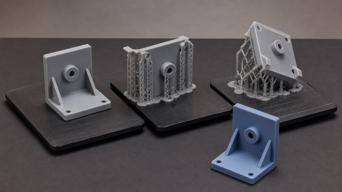 Identical 3D-printed bracket shown in upright, side-supported and tilted orientations