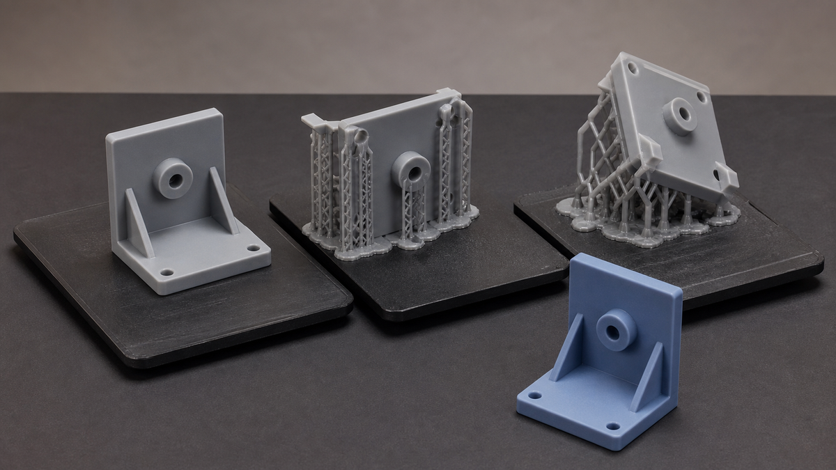 Identical 3D-printed bracket shown in upright, side-supported and tilted orientations