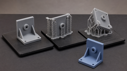 Identical 3D-printed bracket shown in upright, side-supported and tilted orientations