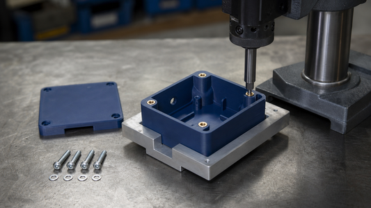 3D-printed enclosure with seated brass threaded inserts and guided axial insert installation