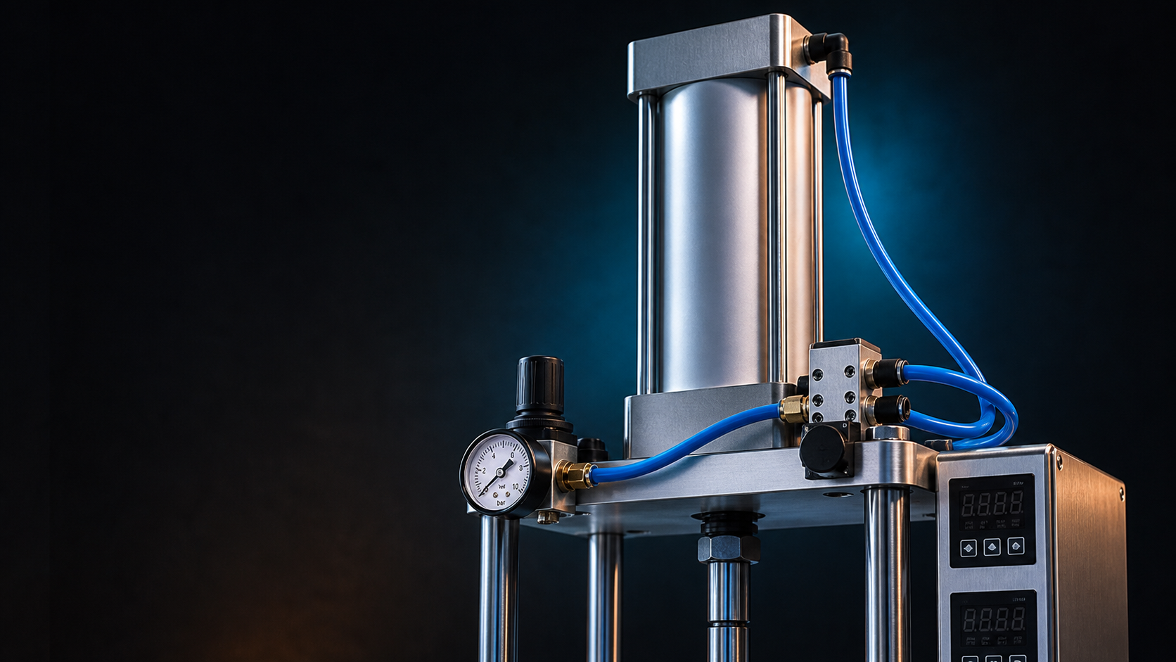 Pneumatic Injection Molding Machine 50g upper pneumatic cylinder, regulator, blue hose, and control panel
